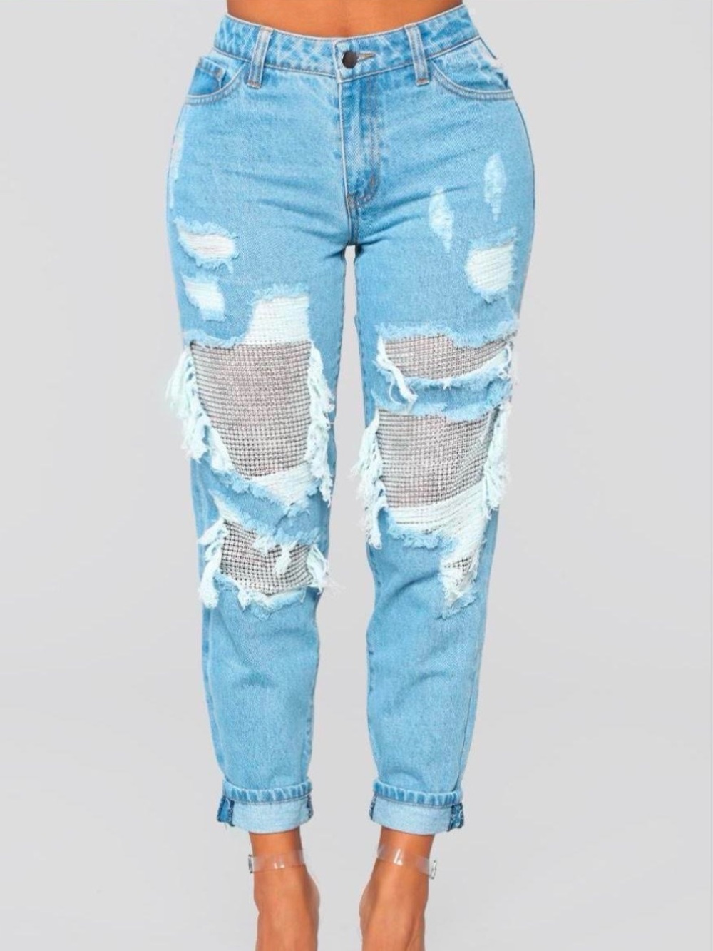 Fashion Nova Light Blue Distressed Boyfriend Jeans with Rhinestone Details